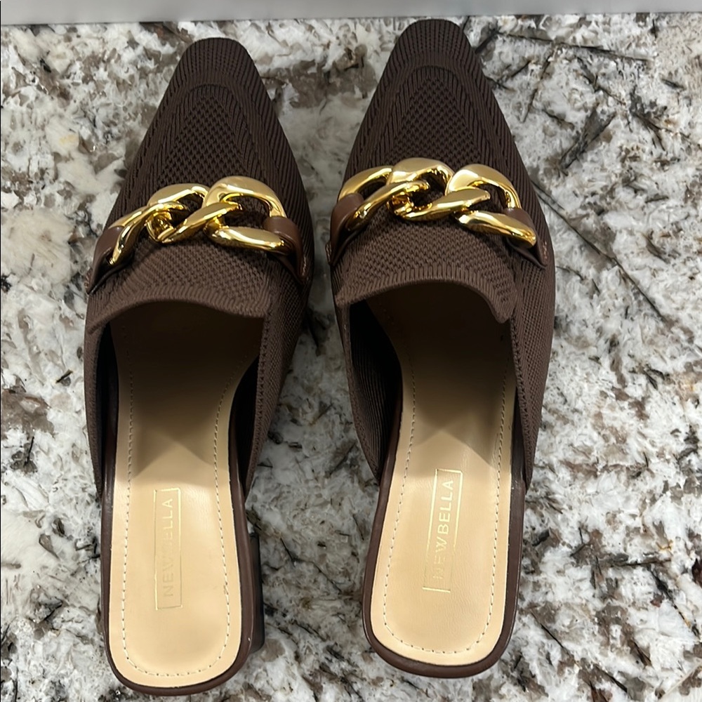 Brown Mules with Gold Chain